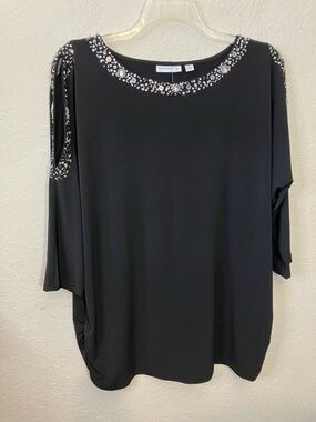 Susan Graver Dressy Black Embellished Cold-Shoulder Tunic